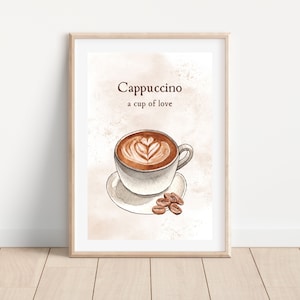 Boho Cappuccino Kaffeetasse Wand Kunstdruck für Küche Dekor, druckbare Cappuccino Poster für Kaffeeliebhaber, Aquarell Cappuccino Malerei