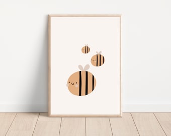 Impresión de arte de pared de abejas de vivero boho, decoración linda de la pared del vivero de abejas de miel, arte imprimible de abejas bebé, cartel de abejorros de vivero, impresión de abejas en forma de panal