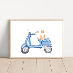 Acuarela lindo gato en azul clásico vespa italiano scooter pared arte impresión, Boho imprimible gato en vespa scooter vintage cartel de decoración de pared