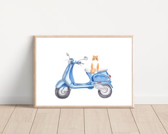 Watercolor cute cat on blue classic italian vespa scooter wall art print, Boho printable cat on vintage vespa scooter wall decor poster