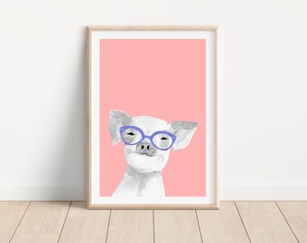Pig with glasses print, Animal with glasses print, Funny animal art print, Farm animal wall art, Printable pig wall art, Farm nursery print