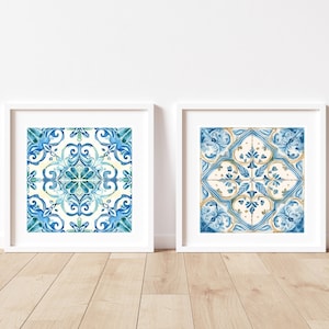 Spanish tile print Watercolor tile artwork Spanish wall art Spanish tile art Tile home decor Mosaic tile home decor Blue tile Yellow tile