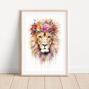 Impresión de león de acuarela, arte animal de corona de flores, arte de pared imprimible de león de acuarela, pintura de animales de Safari, dibujo de retrato de león original