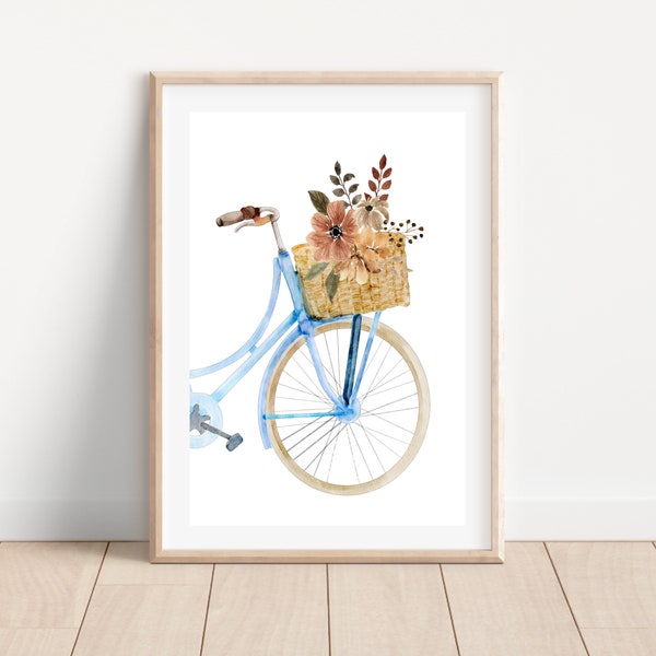 Watercolor bicycle with flowers wall art print, Bicycle with basket of flowers print, Watercolor bicycle wall decor, Bike printable poster