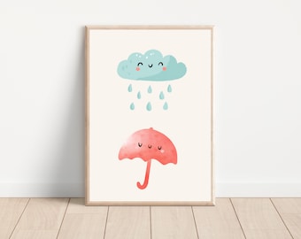 Uroczy, deszczowy, chmurkowy i parasolowy wydruk ścienny do pokoju dziecięcego, Boho, chmurkowa i deszczowa dekoracja pokoju dziecięcego, Wydrukowany plakat z parasolem i spadającym deszczem