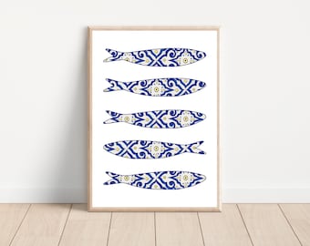 Portuguese sardine tile wall art print, Portugal sardine wall decor, Portuguese sardine printable poster, Mediterranean sardine tile decor