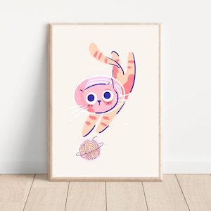 Cute astronaut cat in space nursery wall art print, Space theme astronaut cat nursery decor, Outer space cat printable art, Space cat poster