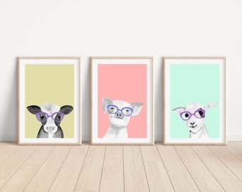 Animal with glasses print, Farm animal print, Watercolor nursery animal print, Farm nursery art print, Printable nursery animal wall art