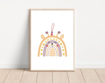 Boho cute rainbow and giraffe nursery wall art print, Modern safari animal rainbow nursery art print, Printable giraffe nursery wall decor