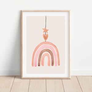 Boho minimalist rainbow wall art print for baby girl nursery decor, Cute pink bohemian rainbow printable poster for girl room wall decor