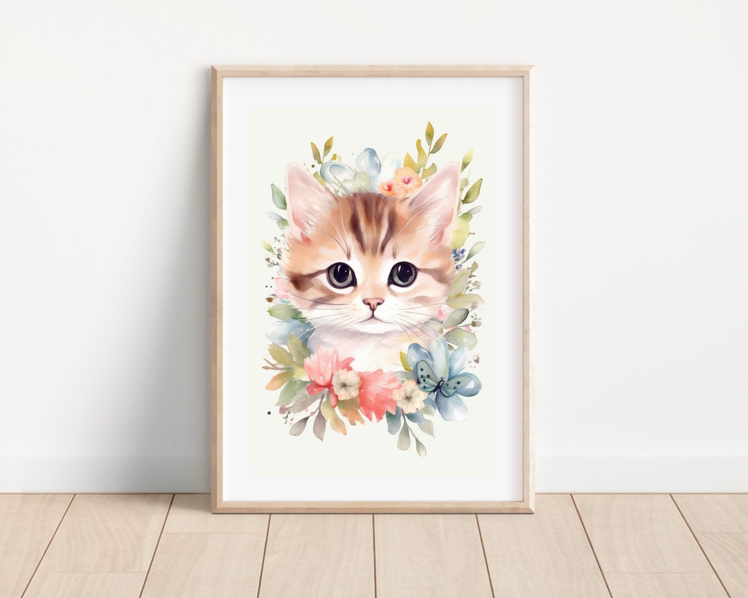 Cute Watercolor Nursery Cat Print, Printable Kitten Wall Art, Boho Cat ...