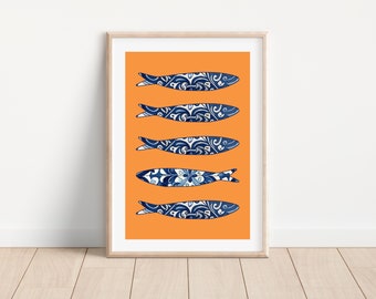 Portuguese sardine tile print, Portugal tile art, Portuguese wall art, Blue sardines illustration, Portugal home decor, Kitchen wall art