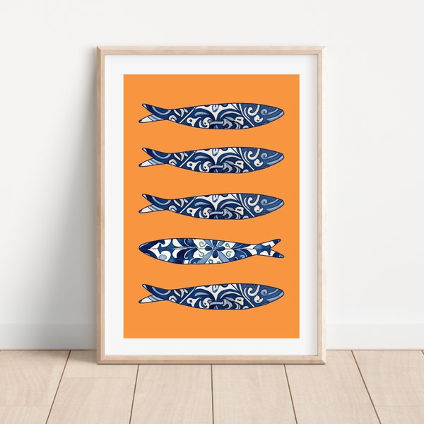 Portuguese sardine tile print, Portugal tile art, Portuguese wall art, Blue sardines illustration, Portugal home decor, Kitchen wall art