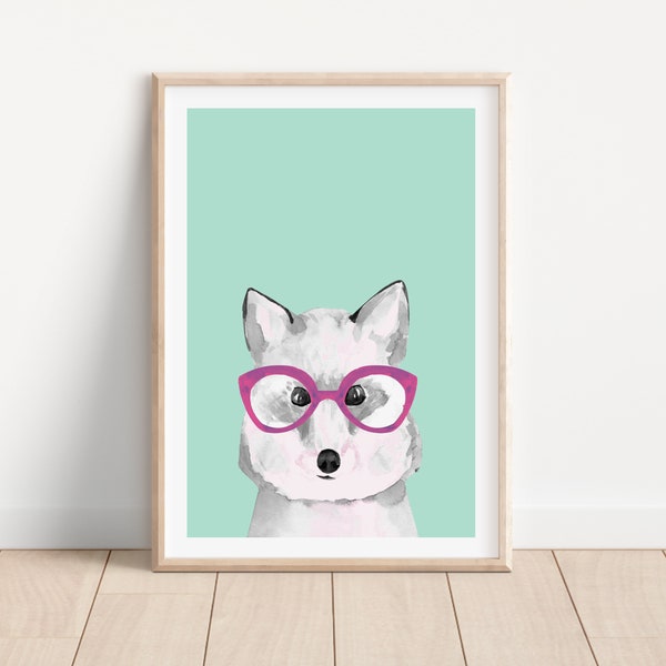 Fox with glasses, Woodland animal with glasses print, Funny animal wall art, Printable fox print, Woodland animal art, Forest animal print