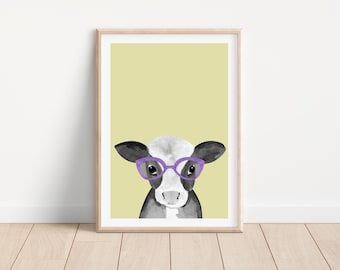 Cow with glasses, Animal with glasses print, Farm animal art print, Printable cow art print, Funny animal wall art, Farm nursery wall art