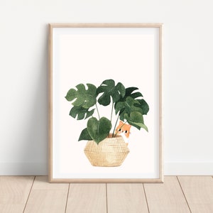 Boho cat and plant wall art printable, Boho cat and plant print, Printable botanical wall art, Houseplant print, Monstera plant art print