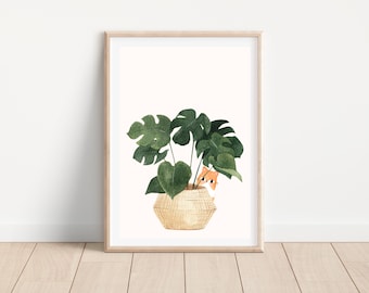 Boho cat and plant wall art printable, Boho cat and plant print, Printable botanical wall art, Houseplant print, Monstera plant art print