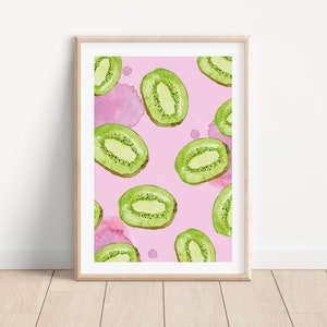 Watercolor kiwi fruit slice print, Tropical fruit wall decor, Pink printable wall art for kitchen, Original kiwi fruit painting digital