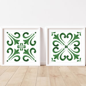 Green mediterranean tile art print, Spanish green tile wall art, Portuguese green tile print, Green azulejo wall art, Printable mosaic tile