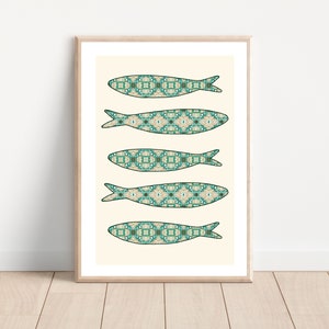 Portuguese sardine green tile wall art print, Spanish printable green tile wall decor, Hydraulic tile art print, Portugal sardine art print