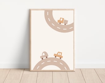 Impresión de arte de pared de guardería de caminos y coches boho, Tema de transporte para decoración de pared de guardería de niños, Póster de coche imprimible, Impresión de arte de pared de vehículos