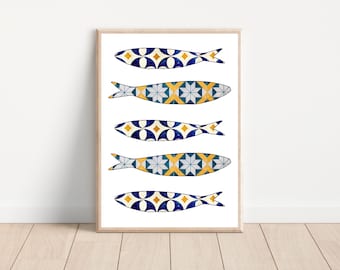 Portuguese sardine tile wall art print, Portugal sardine tile wall decor, Boho portuguese wall decor, Portugal kitchen decor, CUSTOM PRINT