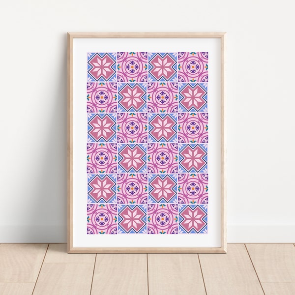 Printable pink tile print Modern tile wall art Mosaic tiles print Boho mosaic wall art Mediterranean tile art Pink tile pattern print