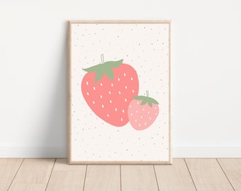 Boho pink strawberry nursery wall art print, Cute fruit nursery wall decor, Pink girl room strawberry decor, Nursery fruit printable art