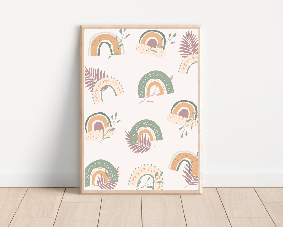 Boho Floral Neutral Nursery Rainbow Wall Art Print, Minimalist Boho ...