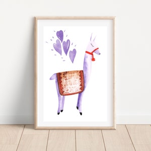 Boho baby llama nursery wall art, Purple llama nursery decor girl, Watercolor llama print for girls room, Alpaca boho nursery wall decor
