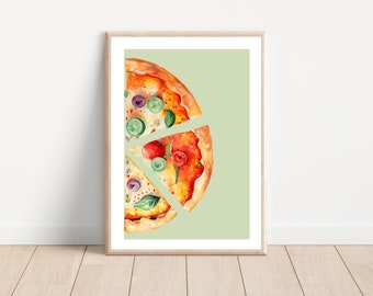 Impresión de arte de pared de rebanada de pizza italiana, regalo para amantes de la pizza, decoración moderna de la pared de pizza de cocina, cartel de pizza imprimible, pintura de pizza en acuarela