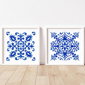 Blue watercolor Spanish tile wall art print for mediterranean home decor, Printable Spanish azulejo mosaic print for kitchen wall decor