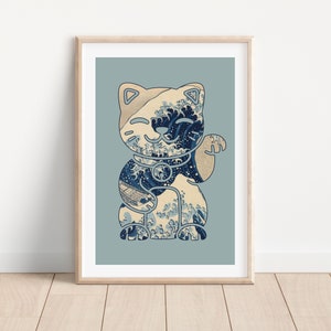 Maneki neko cat print, Good luck cat digital printable, Lucky cat wall art, Japanese cat wall decor, The great wave print, Kanagawa print