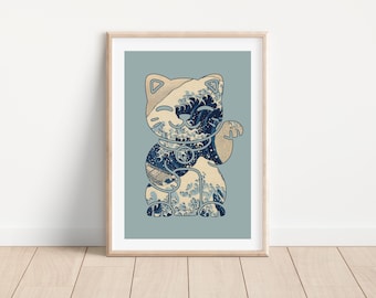Impresión de gato Maneki neko, impresión digital de gato de buena suerte, arte de pared de gato de la suerte, decoración de pared de gato japonés, impresión de la gran ola, impresión de Kanagawa