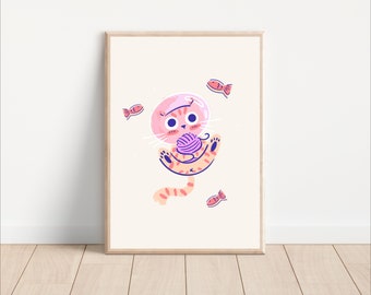 Outer space cat and fish nursery wall art print, Nursery astronaut cat wall decor, Printable cat in space poster, Space theme nursery print