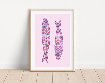 Portugal sardine art print, Portuguese sardine wall art, Portuguese tile print, Portugal pink kitchen decor, Mediterranean tile wall art