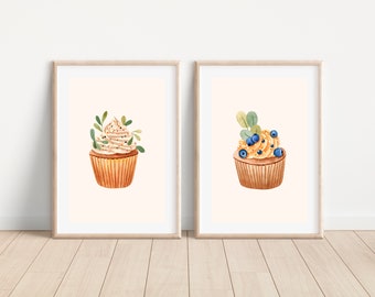 Watercolor nursery cupcake wall art print, Baking wall art print, Printable cupcake poster, Watercolor dessert print, Kitchen wall art decor