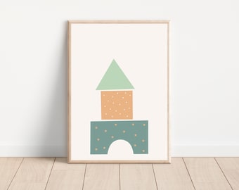 Boho nursery wooden building blocks wall art print, Printable baby boy building blocks poster, Minimalist nursery building blocks wall decor
