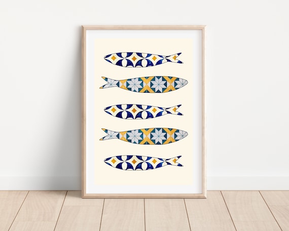 Portuguese sardine print Portugal tile print Portuguese print Portugal home decor Kitchen decor wall art Portuguese tile print Portugal art