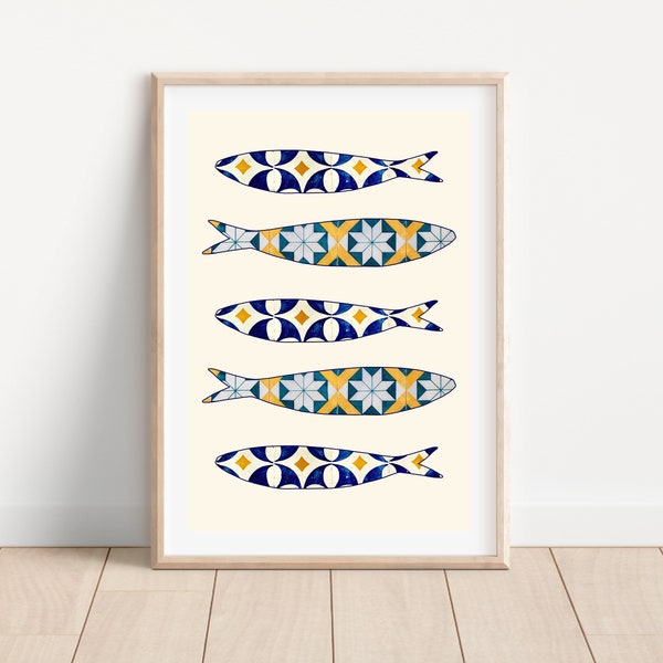 Portuguese sardine print Portugal tile print Portuguese print Portugal home decor Kitchen decor wall art Portuguese tile print Portugal art