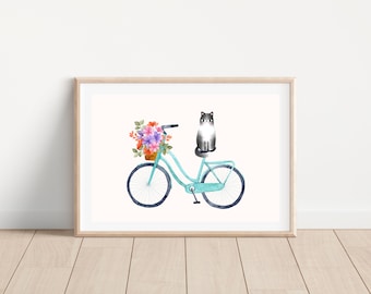 Boho cat on bike print, Cat and bike art print, Floral watercolor bike wall art, Printable cat and bike, Boho cat wall art, Bike wall decor