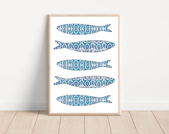 Portuguese sardine tile wall art print, Blue sardine tile kitchen wall decor, Portugal sardine printable art, Boho sardine kitchen print