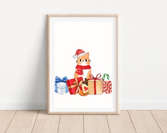 Cute Christmas cat and presents wall art print, Fun Xmas cat printable wall art, Christmas printable for cat lover, Christmas cat wall decor