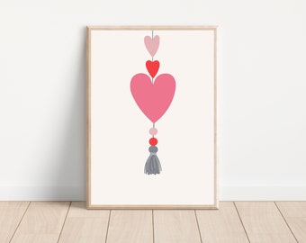 Boho hearts nursery wall art print, Love heart nursery wall decor, Pink heart printable art, Baby girl nursery heart poster, Girl room decor