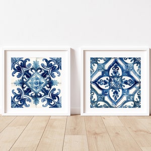 Spanish tile print Spanish wall art Watercolor tile artwork Spanish tile art Tile home decor Blue tile print Mosaic tile home decor