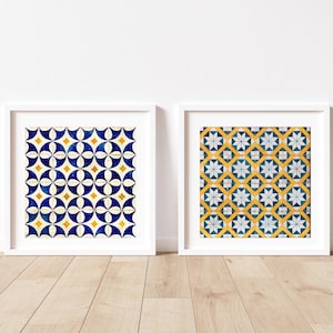 Portuguese tile print Portuguese wall art Watercolor tile artwork Portuguese tile art Tile home decor Blue tile Yellow tile Mosaic tile
