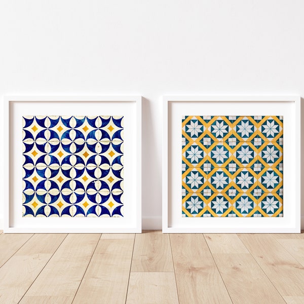 Portuguese tile print Portuguese wall art Watercolor tile artwork Portuguese tile art Tile home decor Blue tile Yellow tile Mosaic tile