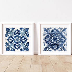 Spanish tile print Spanish wall art Watercolor tile artwork Spanish tile art Tile home decor Blue tile print Mosaic tile home decor