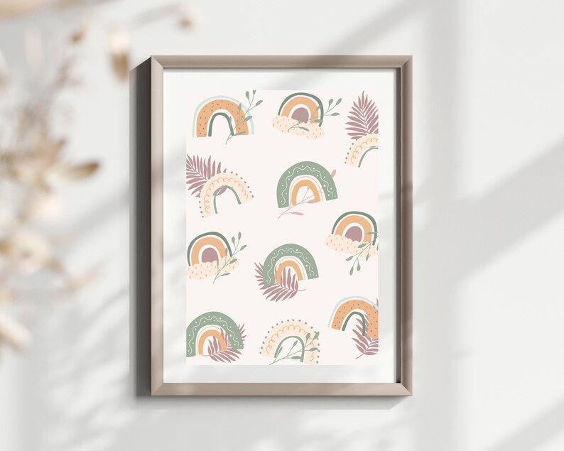 Boho Floral Neutral Nursery Rainbow Wall Art Print, Minimalist Boho ...