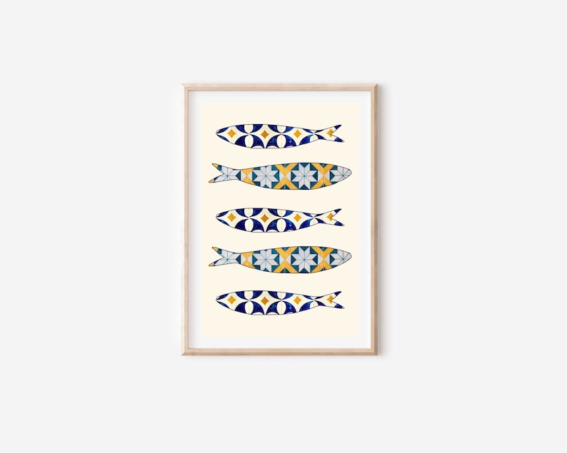 May include: A framed print of five stylized fish with a blue, white, and yellow geometric pattern. The fish are arranged vertically in a row.